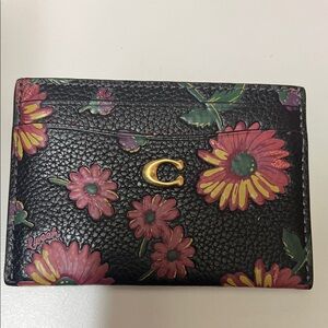 Coach Black Card Holder with Pink and Yellow Floral Design